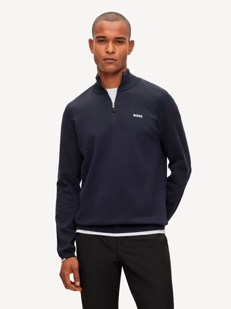 BOSS Quarter-Zip Cotton Knit Sweater – Navy