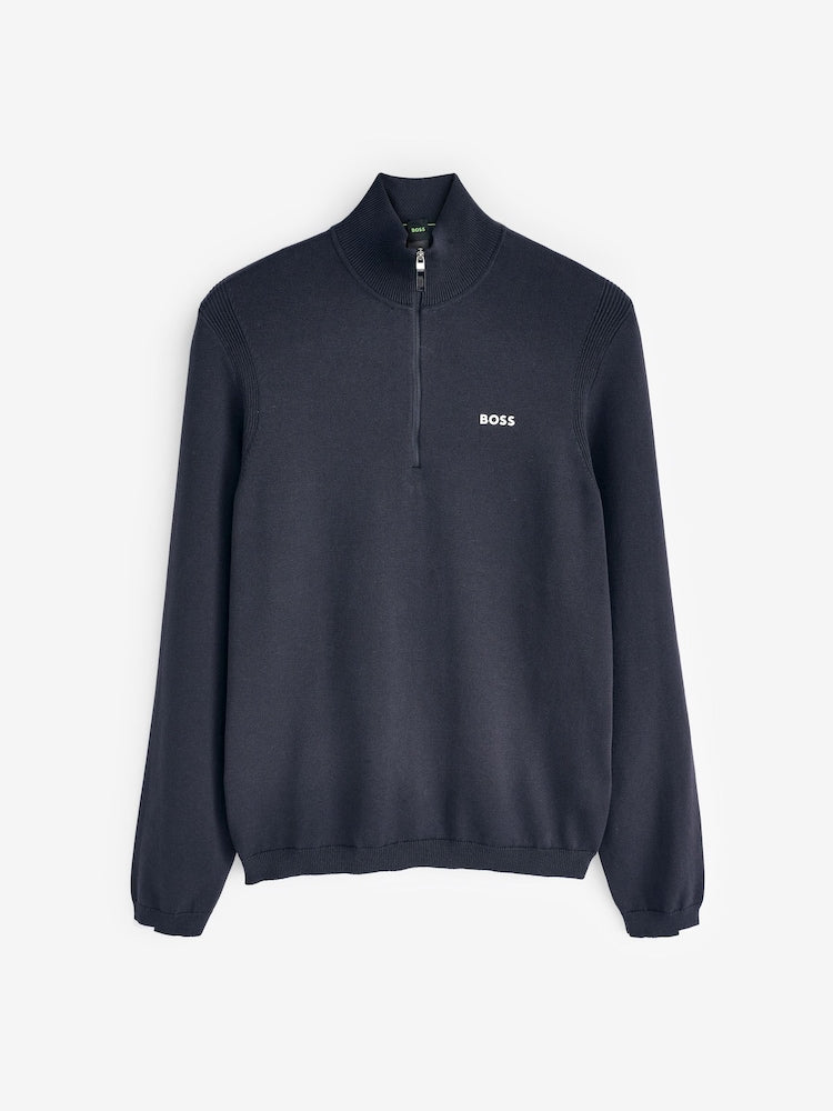 BOSS Quarter-Zip Cotton Knit Sweater – Navy