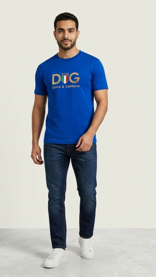 Dolce & Gabbana Blue Cotton T-shirt with Gold Crown and Bee Embroidery