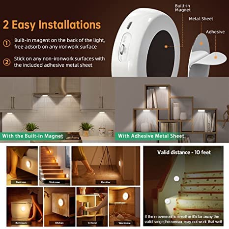 Motion Sensor Light, Battery Powered LED Sensor Light with On/Auto/Off Switch, Cordless Stick-on Magnet Wall Light for Stairs,Closet Night Light, Warm(Pack of 1)