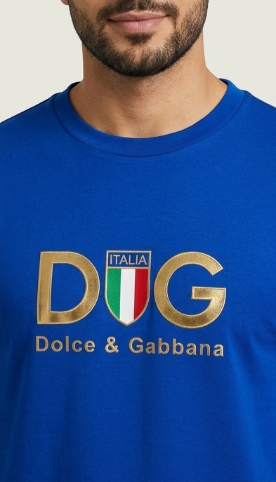 Dolce & Gabbana Blue Cotton T-shirt with Gold Crown and Bee Embroidery